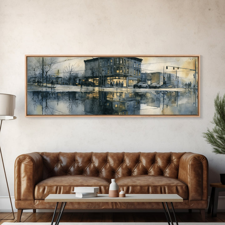 Moody City Scene Reflected Framed Canvas Print, Art, Art Deco, Living Room Decor, Oil Painting, Printable Art, ART-3x1-74