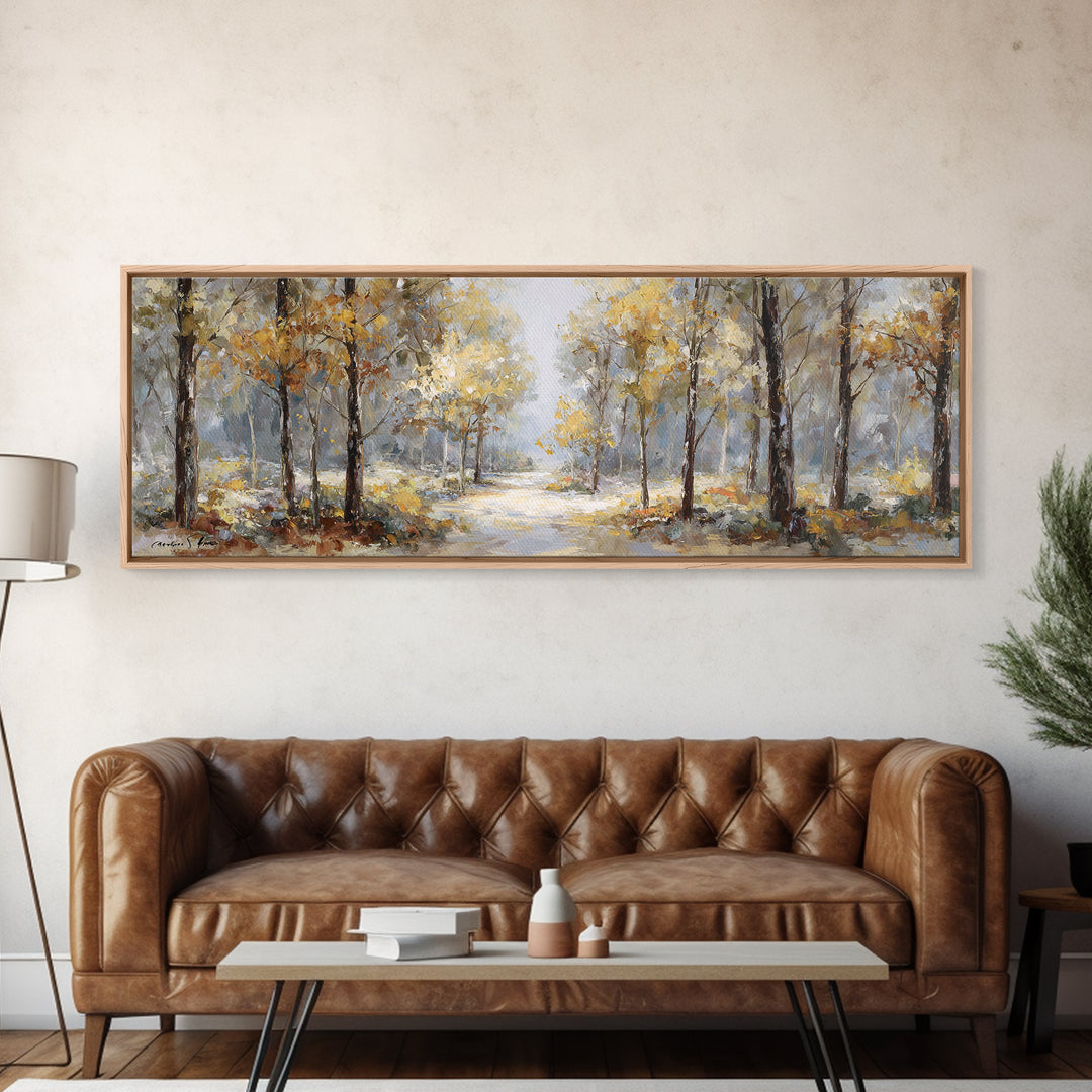 Woodland Path with Golden Autumn Atmosphere Framed Canvas Print, Art, Art Print, Living Room Decor, Fine Art, ART-3x1-87