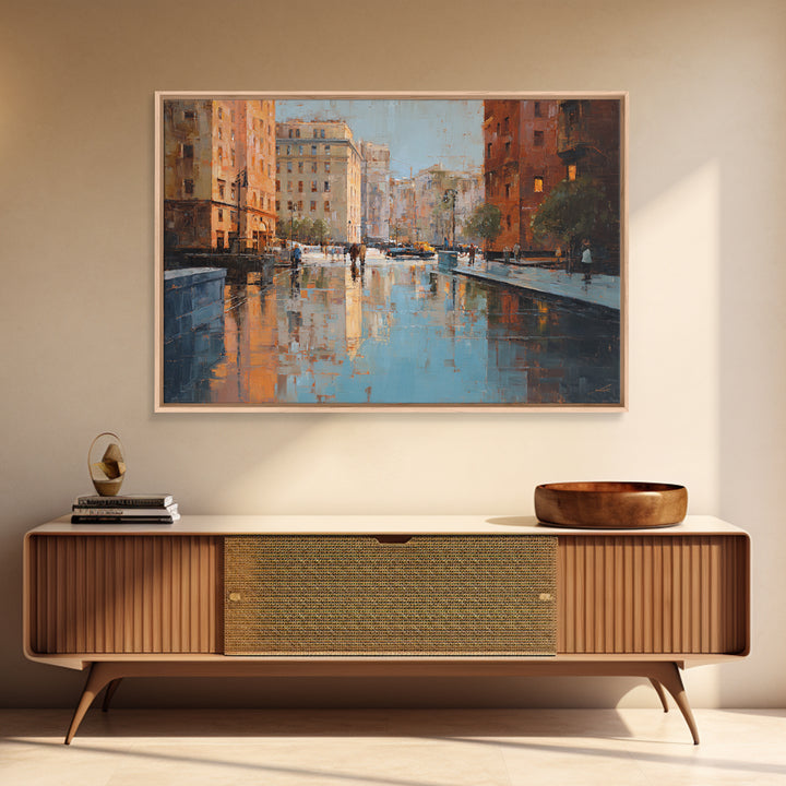 Moody City Scene Reflected Framed Canvas Print, Art, Living Room Decor, Fine Art, Art Nouveau, Framed Wall Art, ART-3x2-14