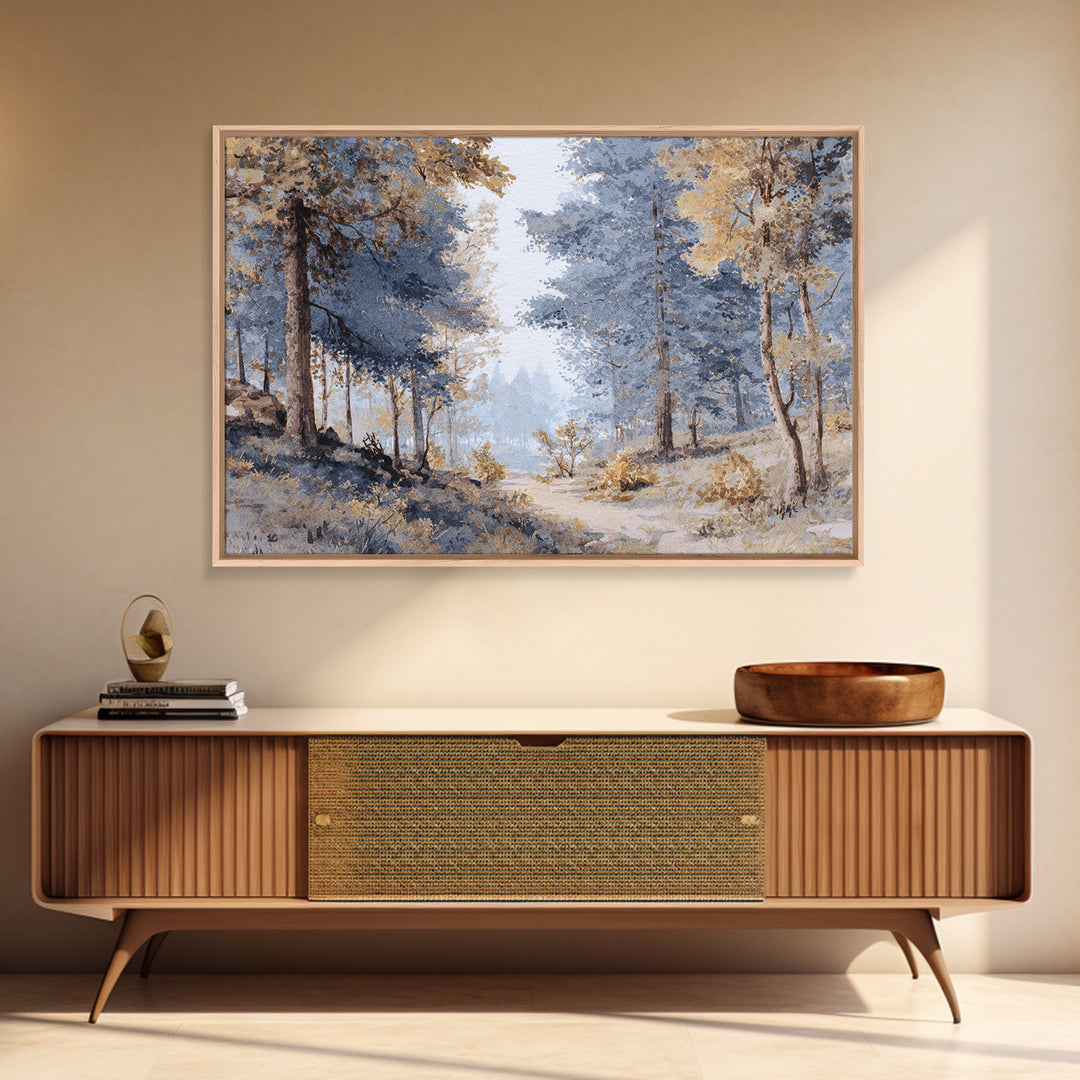 Woodland Path with Golden Autumn Atmosphere Framed Canvas Print, Art, Art Commission, Living Room Decor, Fine Art, ART-3x2-27