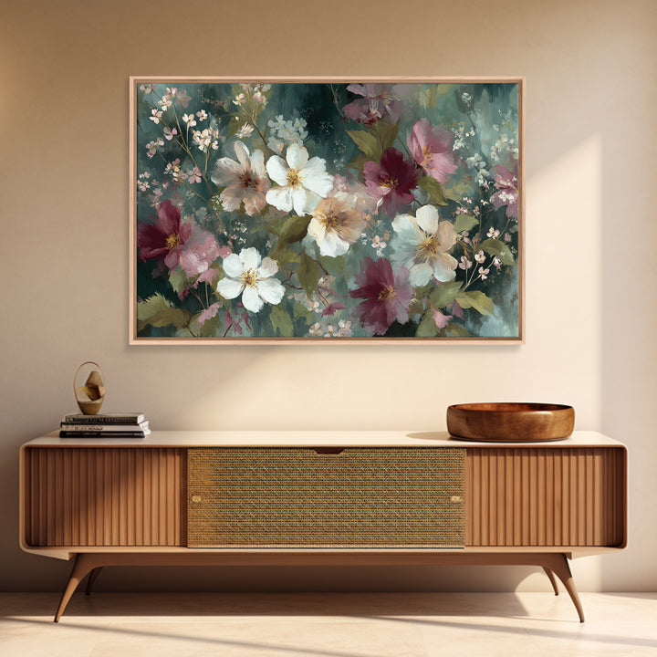 Painterly Meadow with Loose Impressionist Flowers Canvas Print, Art, Pink Wall Art, Living Room Decor, Watercolor Art, ART-3x2-67