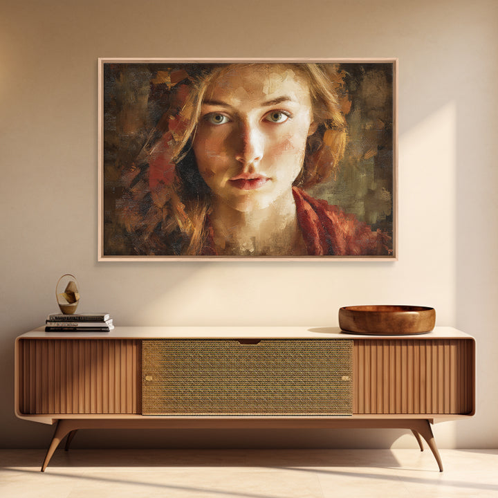 Expressive Portrait with Dramatic Light and Textured Framed Canvas Print, Art, Art Prints, Living Room Decor, Fine Art, ART-3x2-8