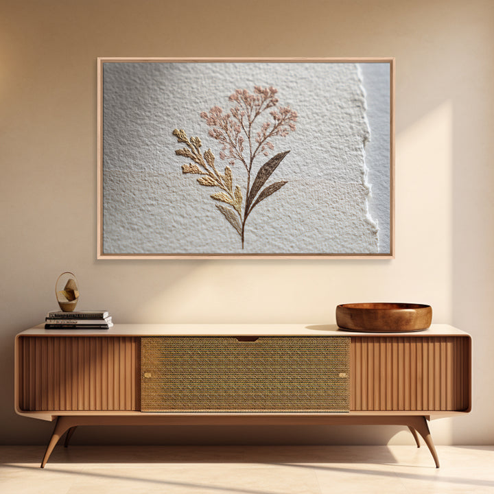Minimal Botanical Ink Drawing on Handmade Paper Framed Canvas Print, Art, Ai Art, Living Room Decor, Watercolor Art, ART-3x2-81