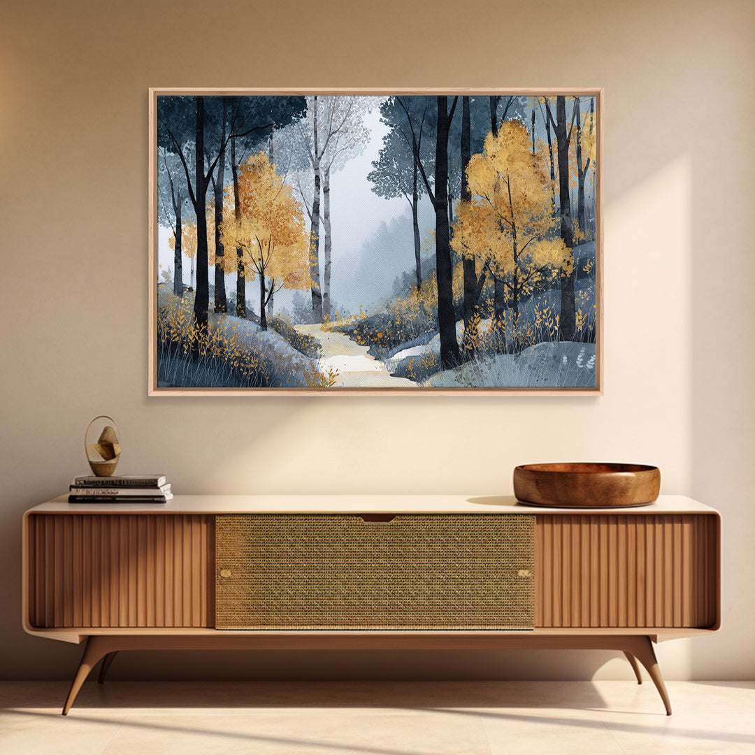 Woodland Path with Golden Autumn Atmosphere Framed Canvas Print, Art, Home Decor, Living Room Decor, Fine Art, ART-3x2-99