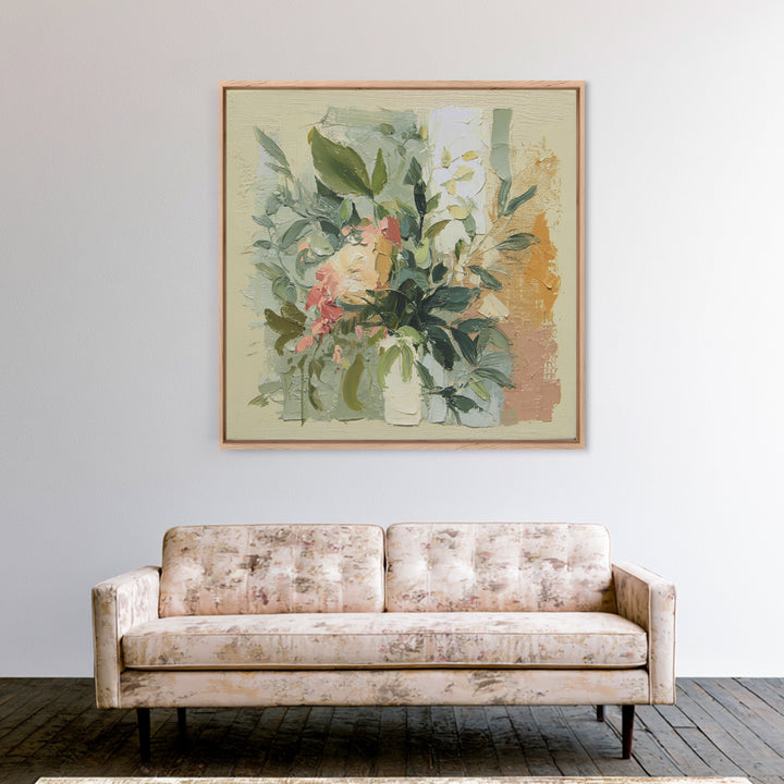 Large Botanical Leaves Framed Canvas Print, Above Sofa Art, 3 Piece Wall Art, Living Room Decor, Oil Painting, Statement, ASA-1x1-21