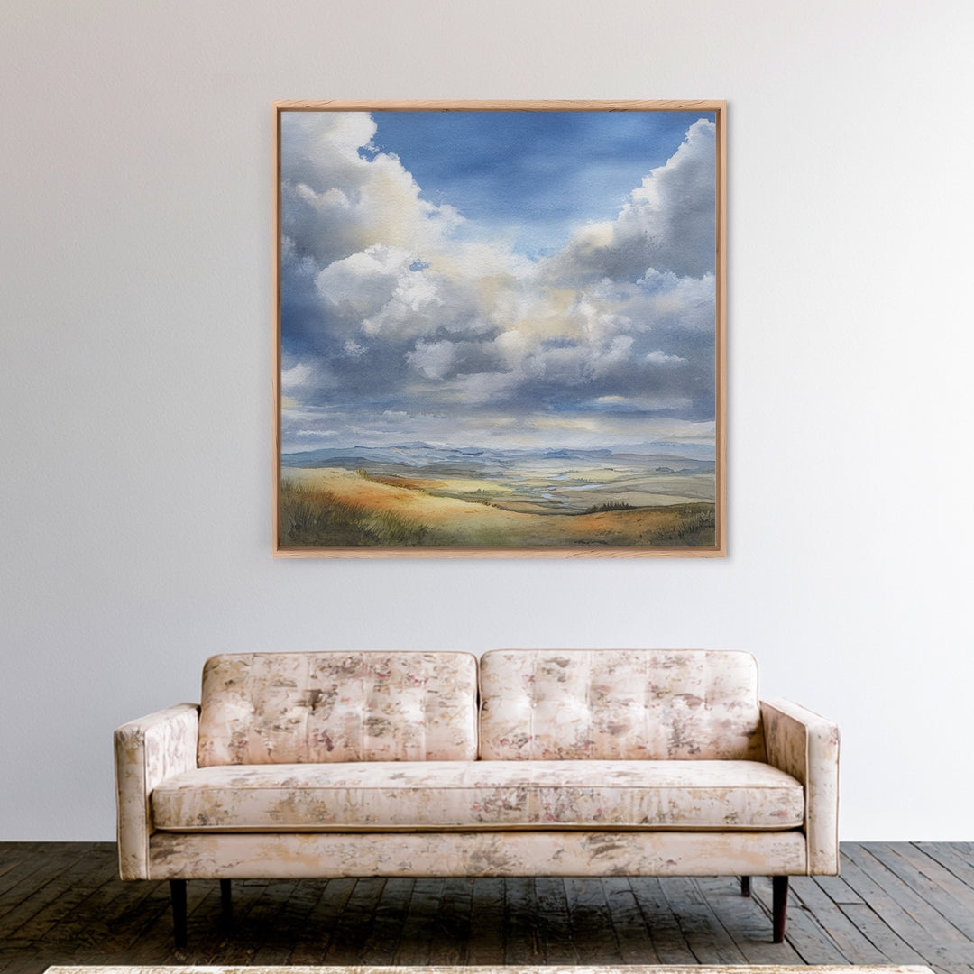 Dramatic Cloudscape over a Distant Valley Canvas Print, Above Sofa Art, Bauhaus Print, Living Room Decor, Statement, ASA-1x1-29