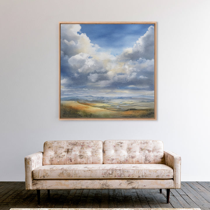 Dramatic Cloudscape over a Distant Valley Canvas Print, Above Sofa Art, Bauhaus Print, Living Room Decor, Statement, ASA-1x1-29