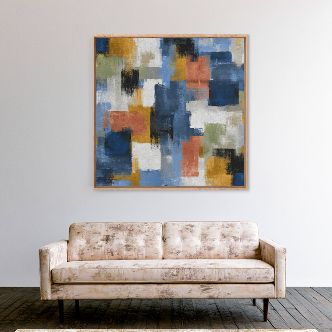 Bold Navy and Ivory Abstract Brushwork Framed Canvas Print, Above Sofa Art, Living Room Wall Art, Living Room Decor, Statement, ASA-1x1-42