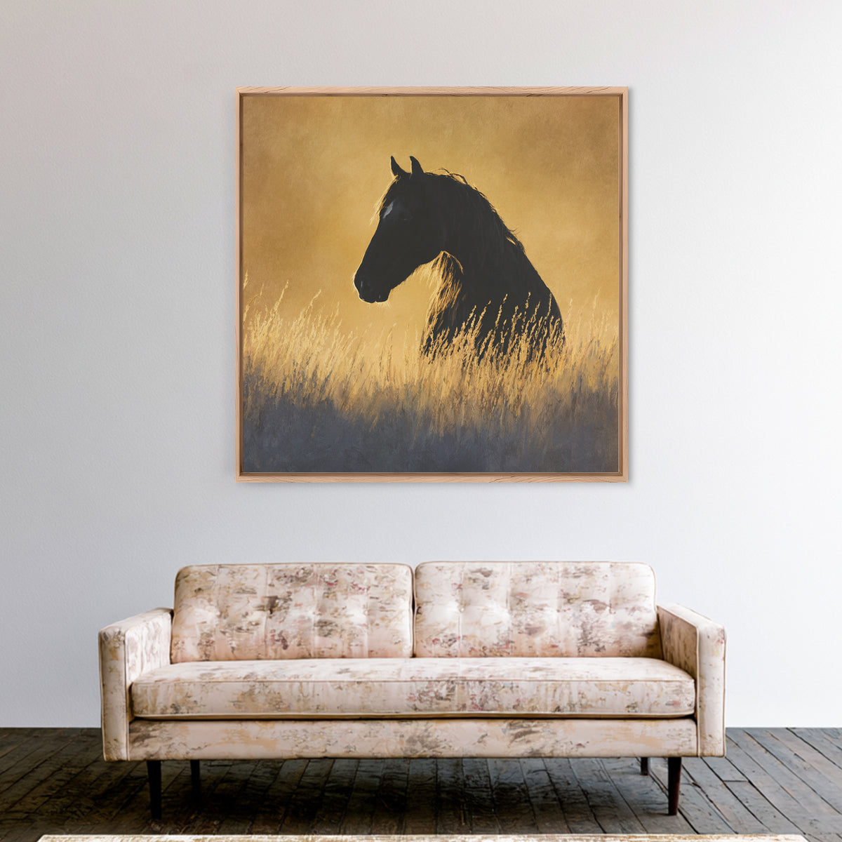 Statement Horse Silhouette Framed Canvas Print, Above Sofa Art, Japandi Wall Art, Living Room Decor, Oil Painting, Statement, ASA-1x1-61