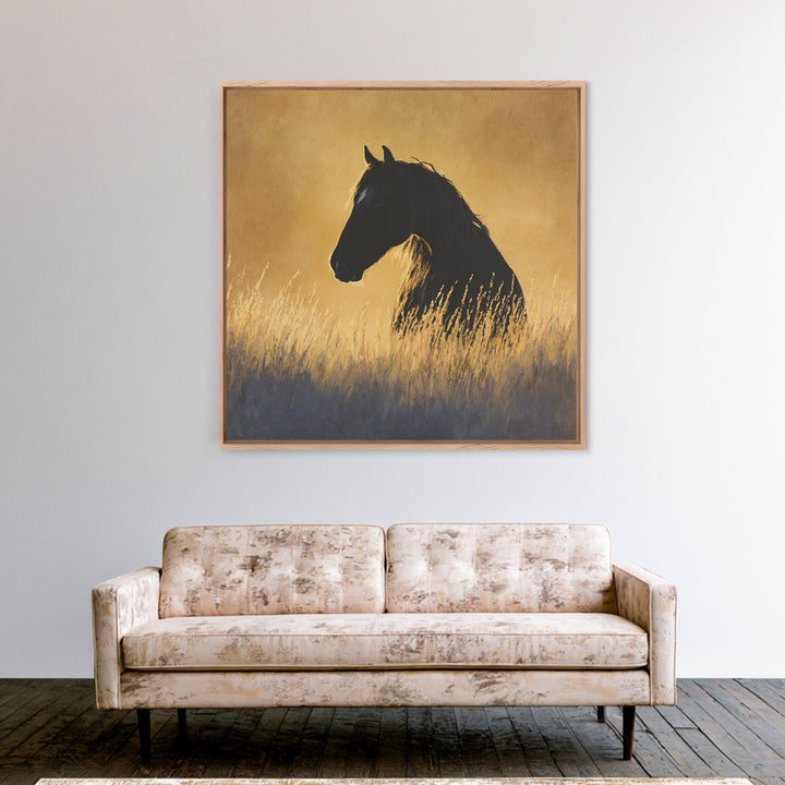 Statement Horse Silhouette Framed Canvas Print, Above Sofa Art, Japandi Wall Art, Living Room Decor, Oil Painting, Statement, ASA-1x1-61