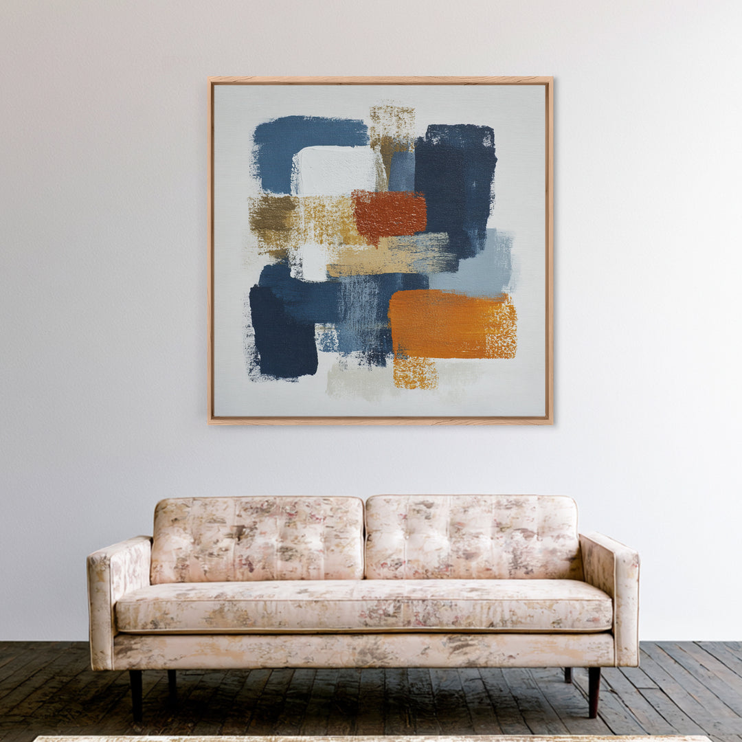 Bold Navy and Ivory Abstract Brushwork Framed Canvas Print, Above Sofa Art, Living Room Wall Art, Living Room Decor, Statement, ASA-1x1-66