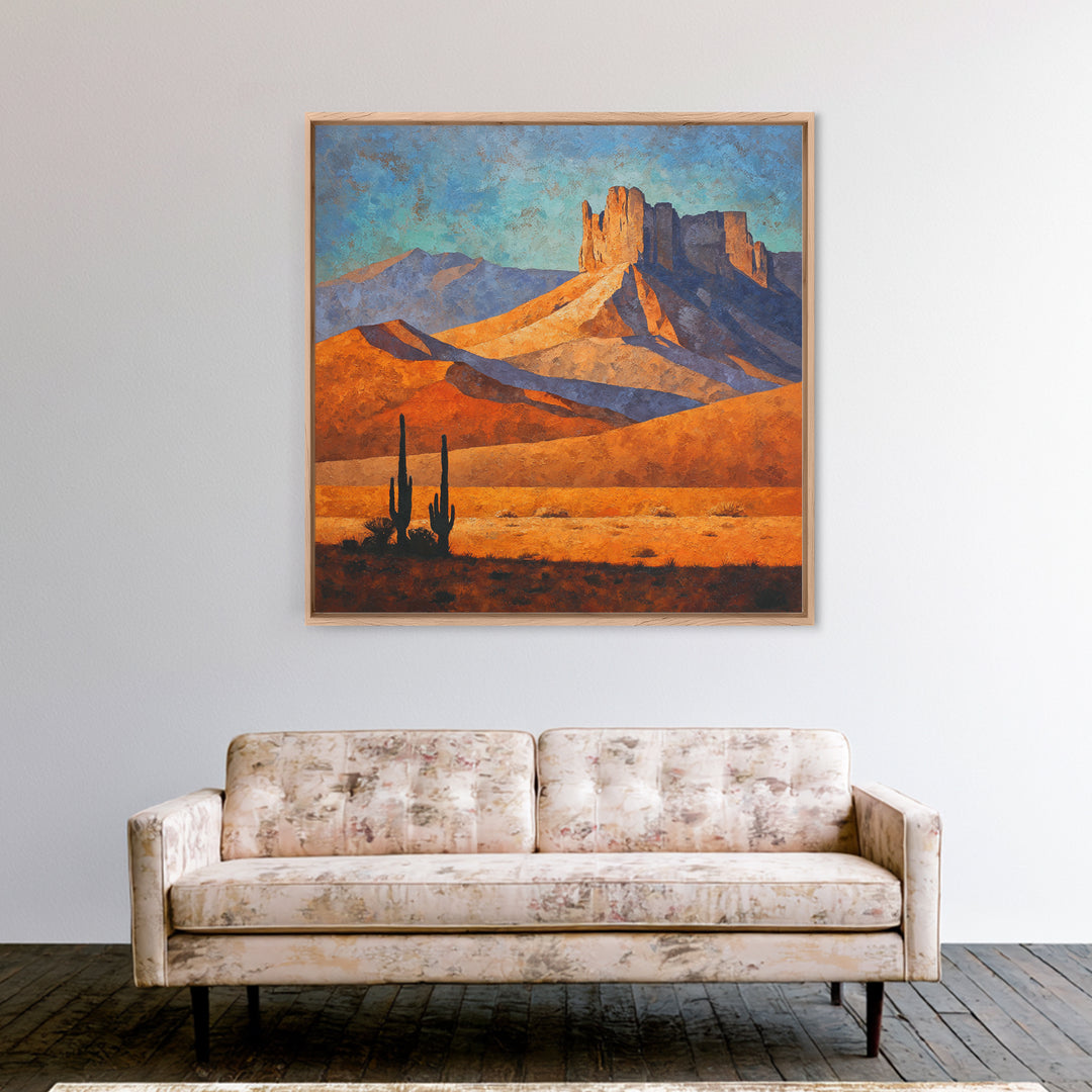 Desert Mesa Panorama Framed Canvas Print, Above Sofa Art, Above Bed Decor, Living Room Decor, Oil Painting, Statement, ASA-1x1-68