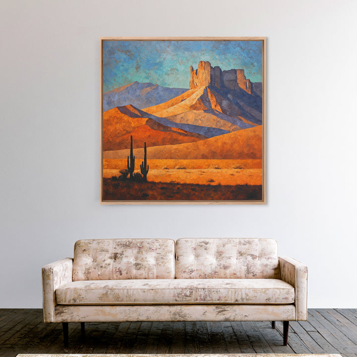 Desert Mesa Panorama Framed Canvas Print, Above Sofa Art, Above Bed Decor, Living Room Decor, Oil Painting, Statement, ASA-1x1-68