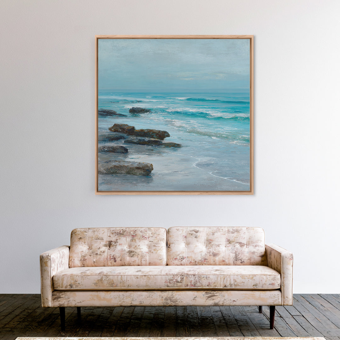 Moody Seascape at Twilight Framed Canvas Print, Above Sofa Art, Coastal Decor, Living Room Decor, Abstract Art, Statement, ASA-1x1-84