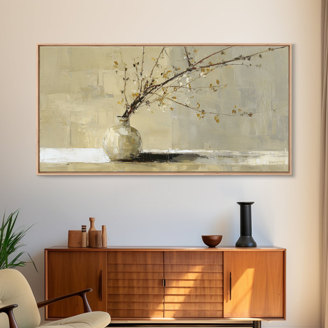 Large Neutral Still Life Framed Canvas Print, Above Sofa Art, Fine Art Print, Living Room Decor, Watercolor Art, Statement, ASA-2x1-10