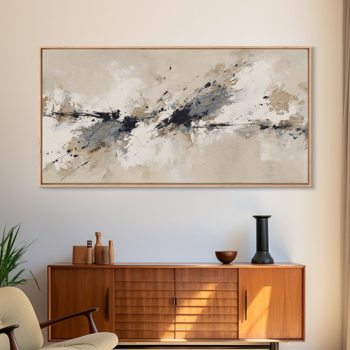 Minimal Black Ink Composition Framed Canvas Print, Above Sofa Art, 3 Piece Wall Art, Living Room Decor, Fine Art, Statement, ASA-2x1-100