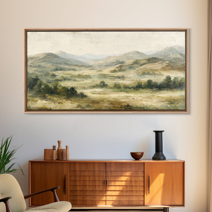 Sunlit Rolling Hills Framed Canvas Print, Above Sofa Art, Boho Decor, Living Room Decor, Fine Art, Statement, Large Wall Art, ASA-2x1-13