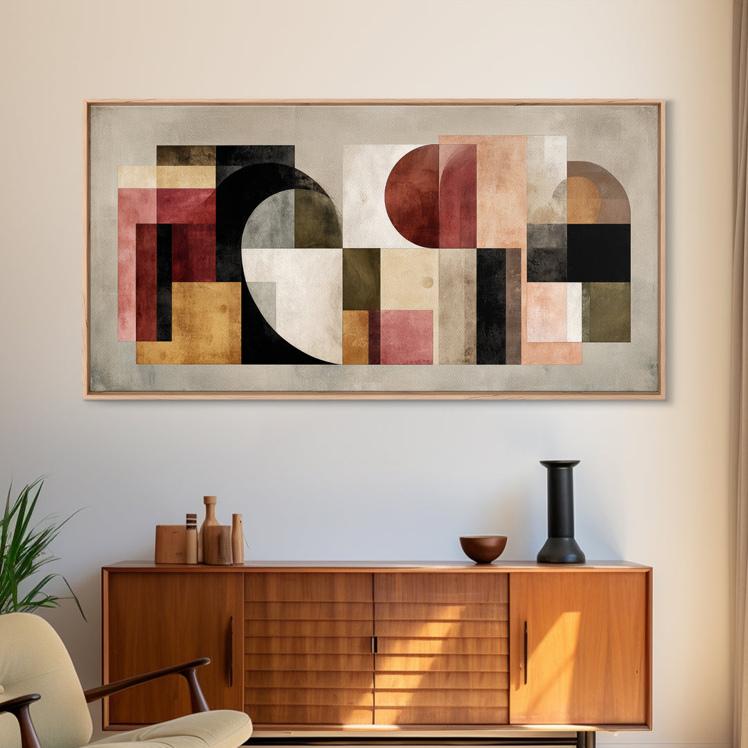 Bold Mid Century Geometric Forms Framed Canvas Print, Above Sofa Art, Textured Painting, Living Room Decor, Fine Art, Statement, ASA-2x1-24