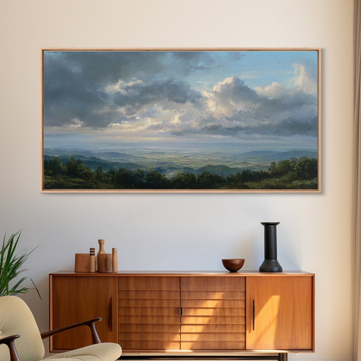 Dramatic Cloudscape over a Distant Valley Framed Canvas Print, Above Sofa Art, Living Room Decor, Oil Painting, Statement, ASA-2x1-25