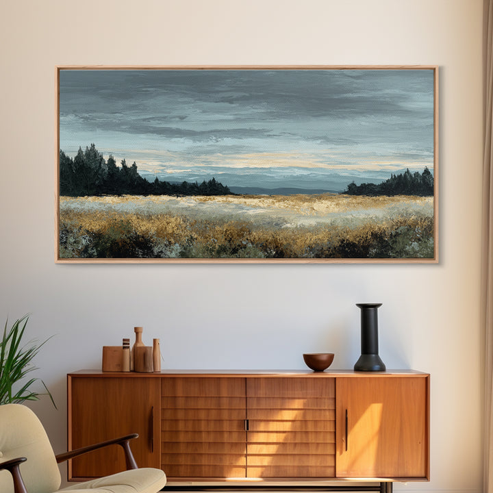 Wide Olive and Beige Meadow Panorama Framed Canvas Print, Above Sofa Art, Modern Decor, Living Room Decor, Oil Painting, ASA-2x1-30