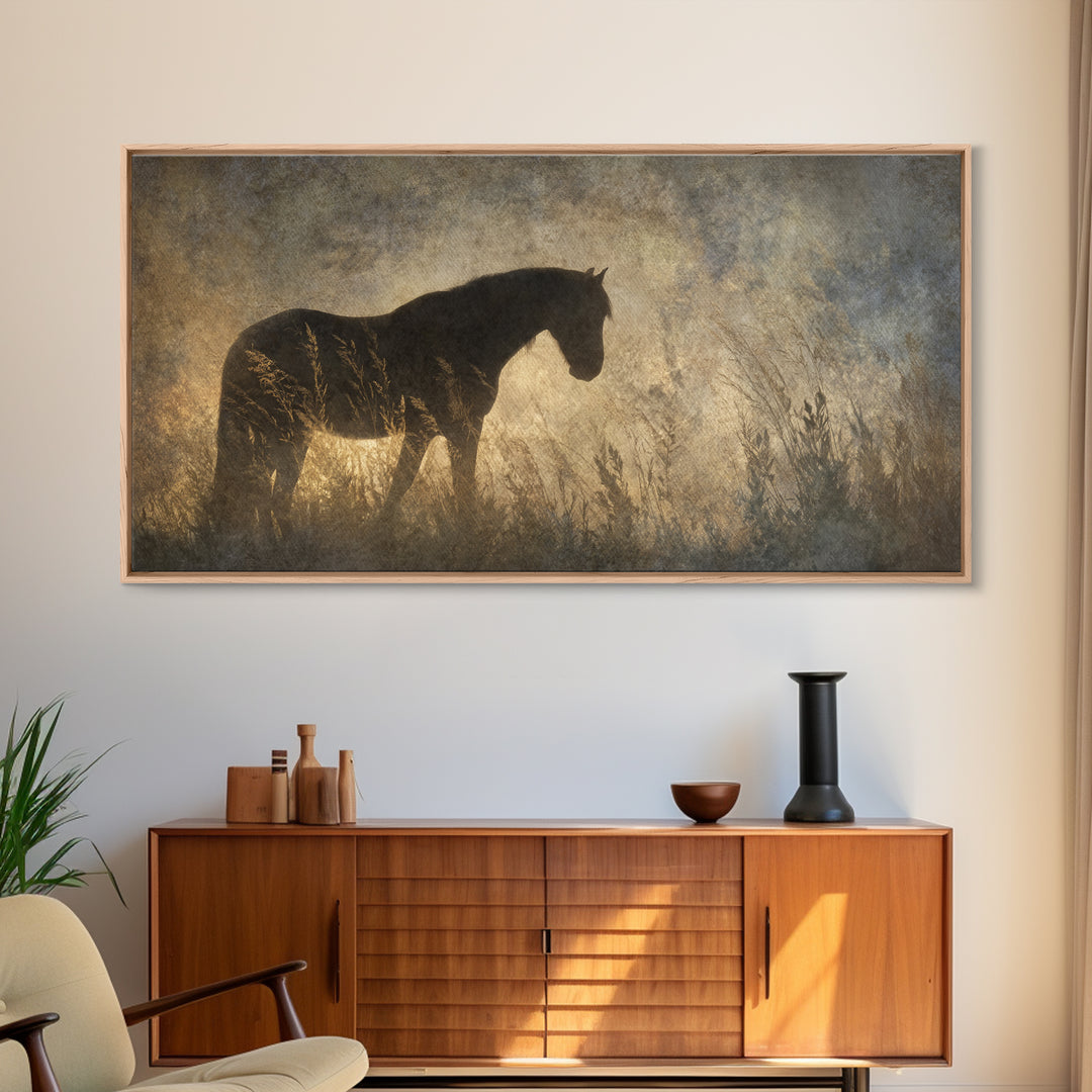Statement Horse Silhouette Framed Canvas Print, Above Sofa Art, Statement Artwork, Living Room Decor, Fine Art, Statement, ASA-2x1-33