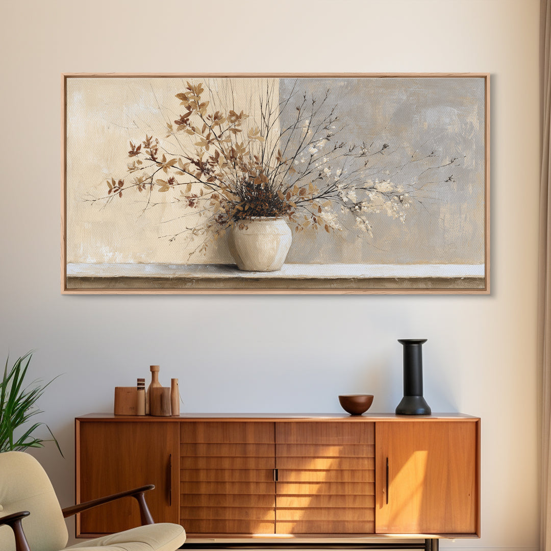 Large Neutral Still Life Framed Canvas Print, Above Sofa Art, Fine Art Print, Living Room Decor, Watercolor Art, Statement, ASA-2x1-34