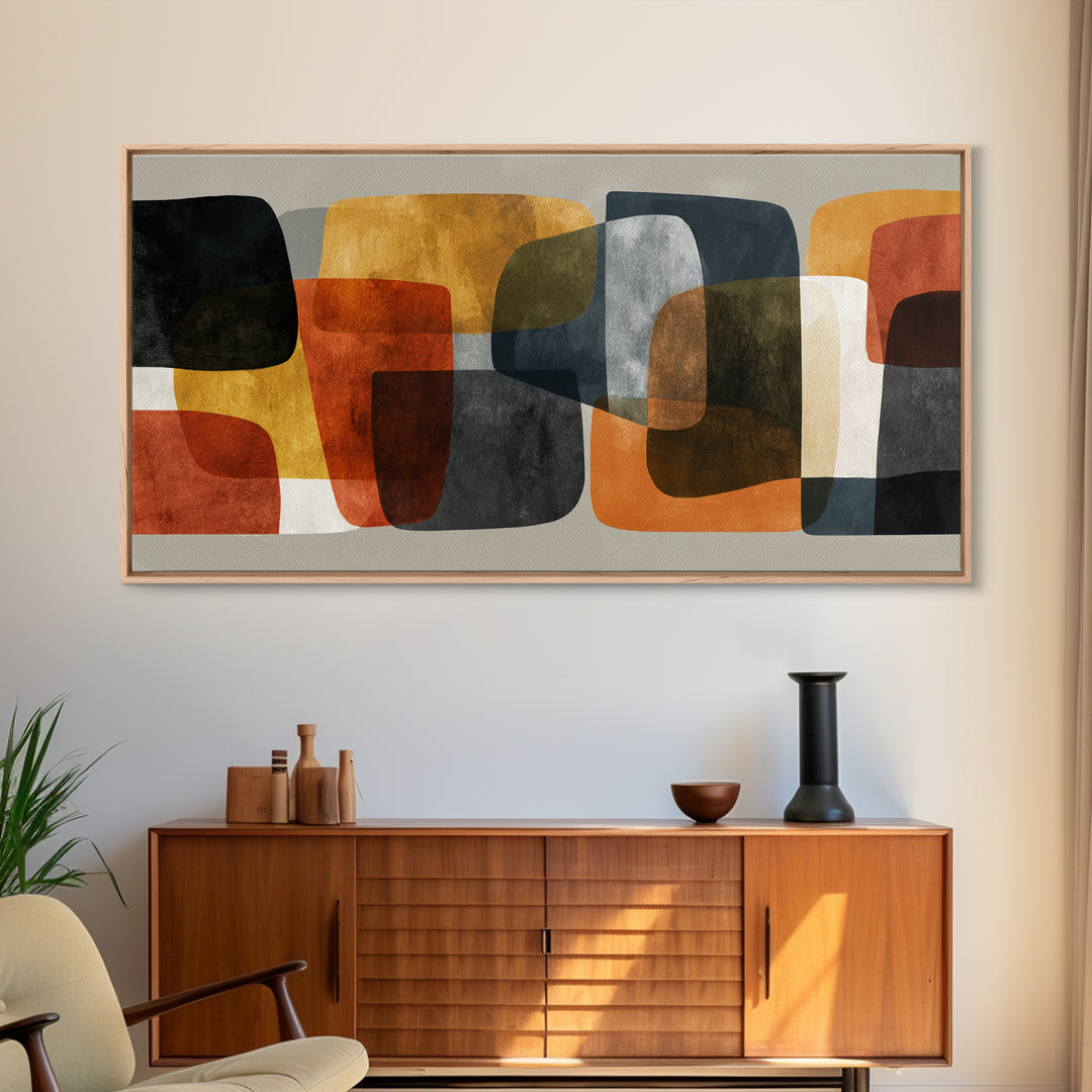 Bold Mid Century Geometric Forms Canvas Print, Above Sofa Art, Printable Wall Art, Living Room Decor, Abstract Art, Statement, ASA-2x1-48