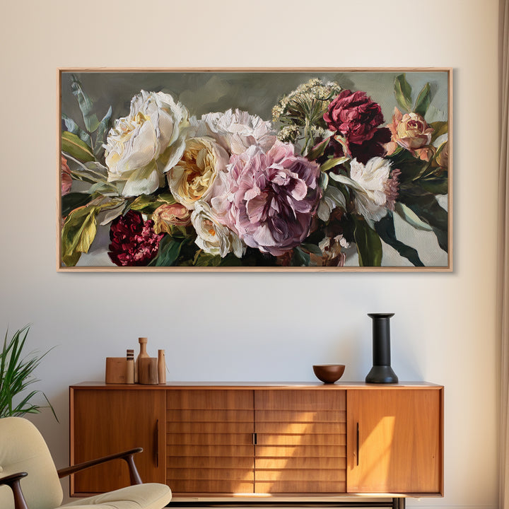 Large Expressive Floral Bouquet Framed Canvas Print, Above Sofa Art, Luxury Decor, Living Room Decor, Oil Painting, Statement, ASA-2x1-50