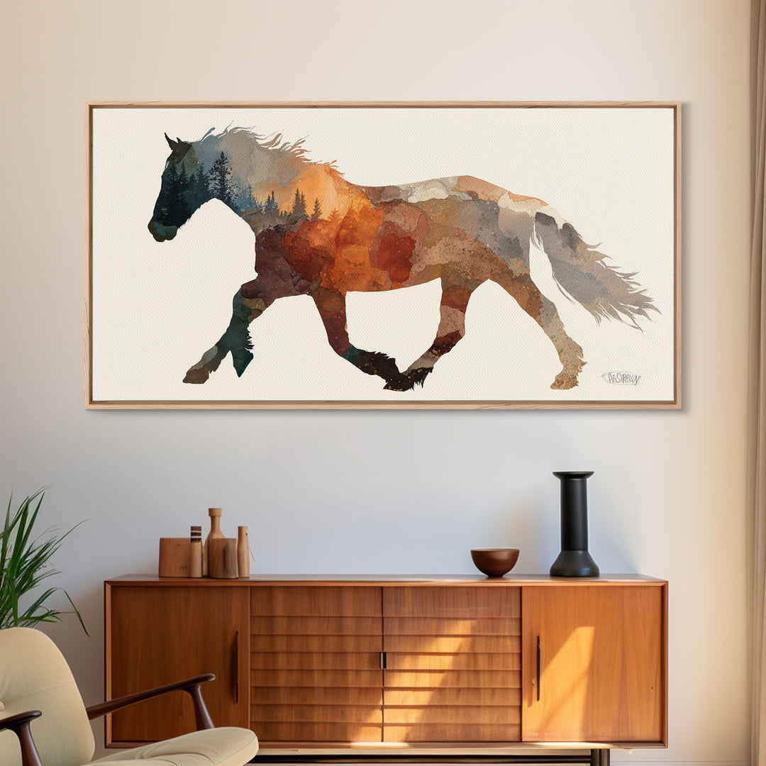 Statement Horse Silhouette Canvas Print, Above Sofa Art, Textured Painting, Living Room Decor, Statement, Abstract Wall Art, ASA-2x1-57