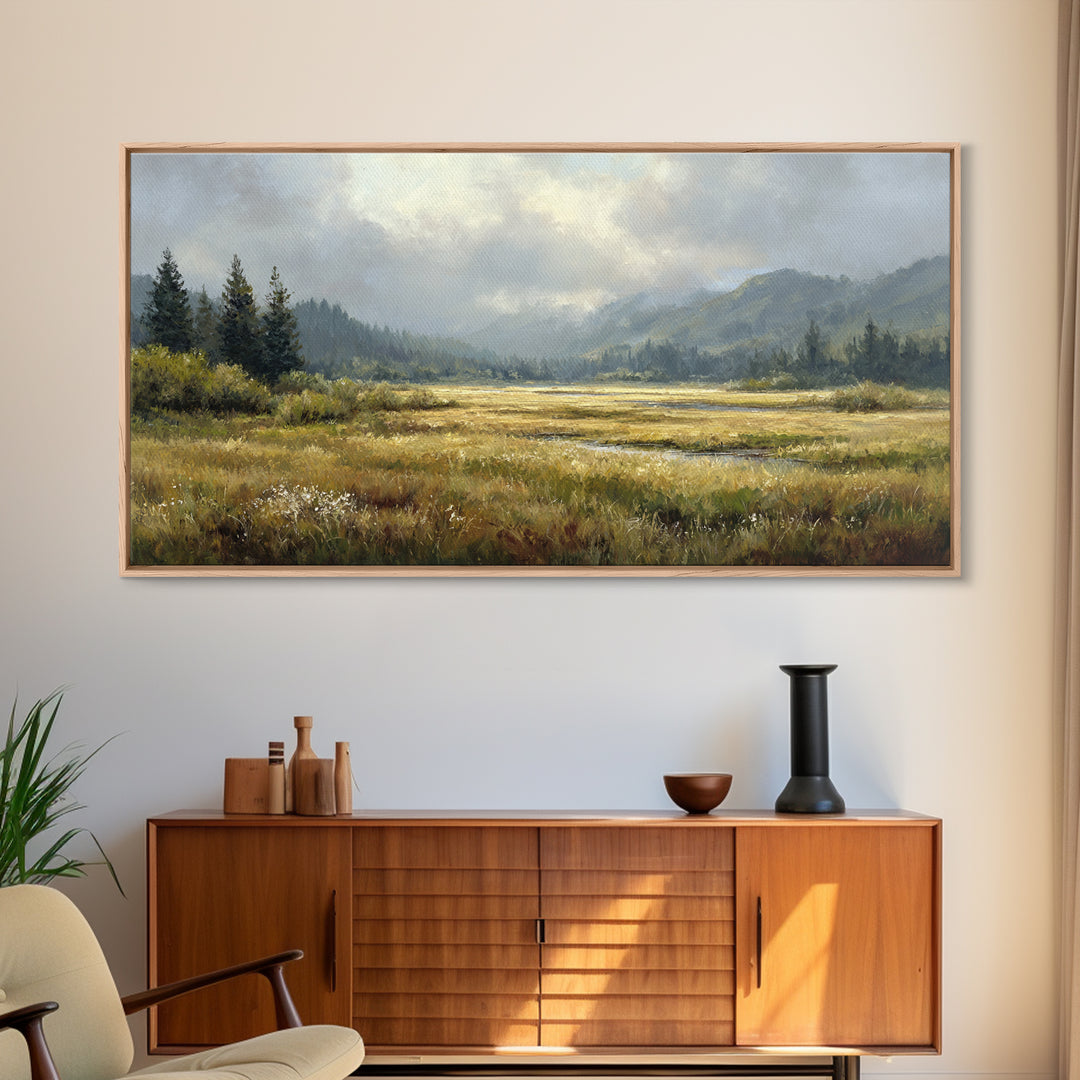 Wide Olive and Beige Meadow Panorama Framed Canvas Print, Above Sofa Art, Modern Decor, Living Room Decor, Oil Painting, ASA-2x1-6
