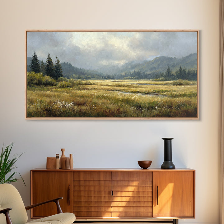 Wide Olive and Beige Meadow Panorama Framed Canvas Print, Above Sofa Art, Modern Decor, Living Room Decor, Oil Painting, ASA-2x1-6