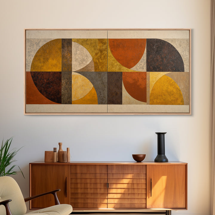 Bold Mid Century Geometric Forms Framed Canvas Print, Above Sofa Art, Farmhouse Decor, Living Room Decor, Abstract Art, ASA-2x1-72