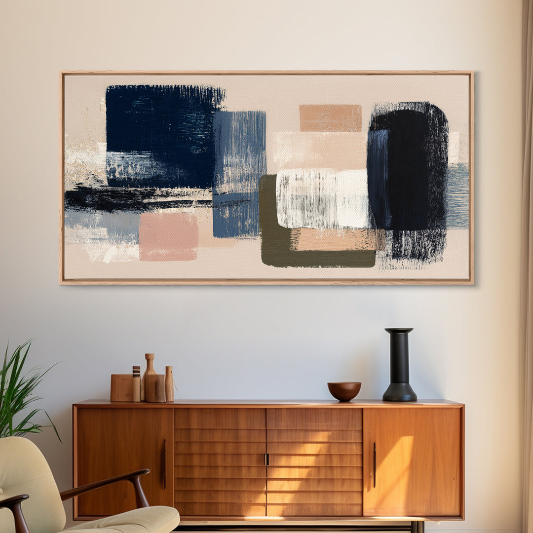 Bold Navy and Ivory Abstract Brushwork Canvas Print, Above Sofa Art, Textured Painting, Living Room Decor, Statement, ASA-2x1-86