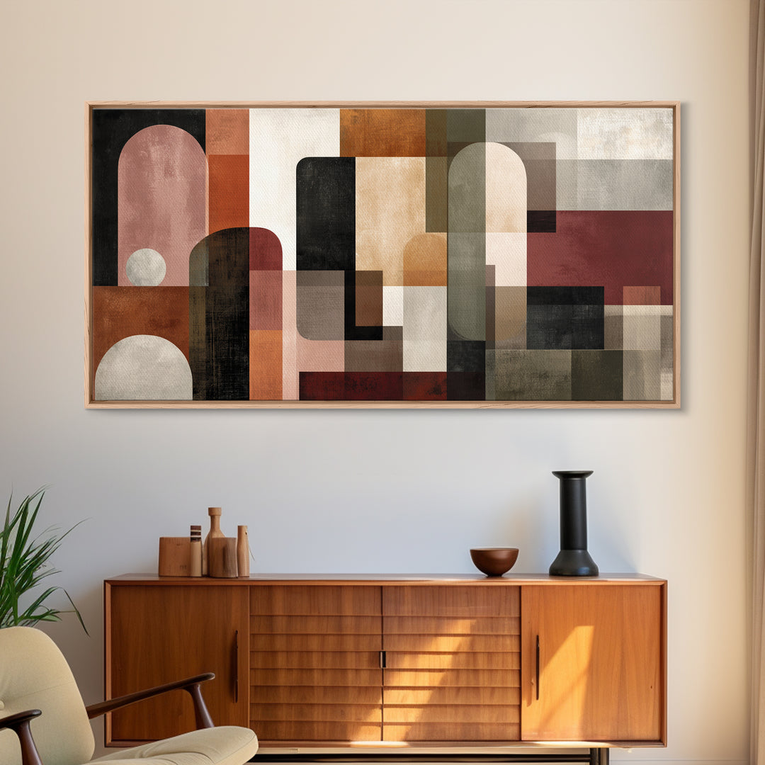 Bold Mid Century Geometric Forms Framed Canvas Print, Above Sofa Art, Bedroom Wall Art, Living Room Decor, Fine Art, Statement, ASA-2x1-96