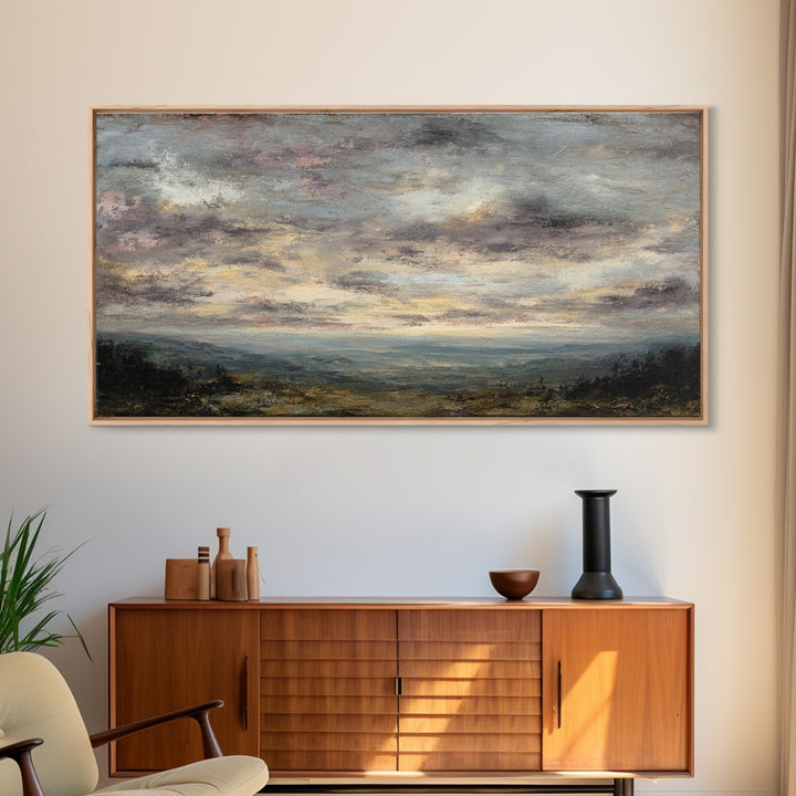 Dramatic Cloudscape over a Distant Valley Framed Canvas Print, Above Sofa Art, Canvas Wall Art, Living Room Decor, Statement, ASA-2x1-97