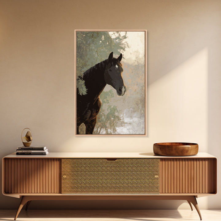 Statement Horse Silhouette Framed Canvas Print, Above Sofa Art, Mid Century Modern, Living Room Decor, Fine Art, Statement, ASA-2x3-69