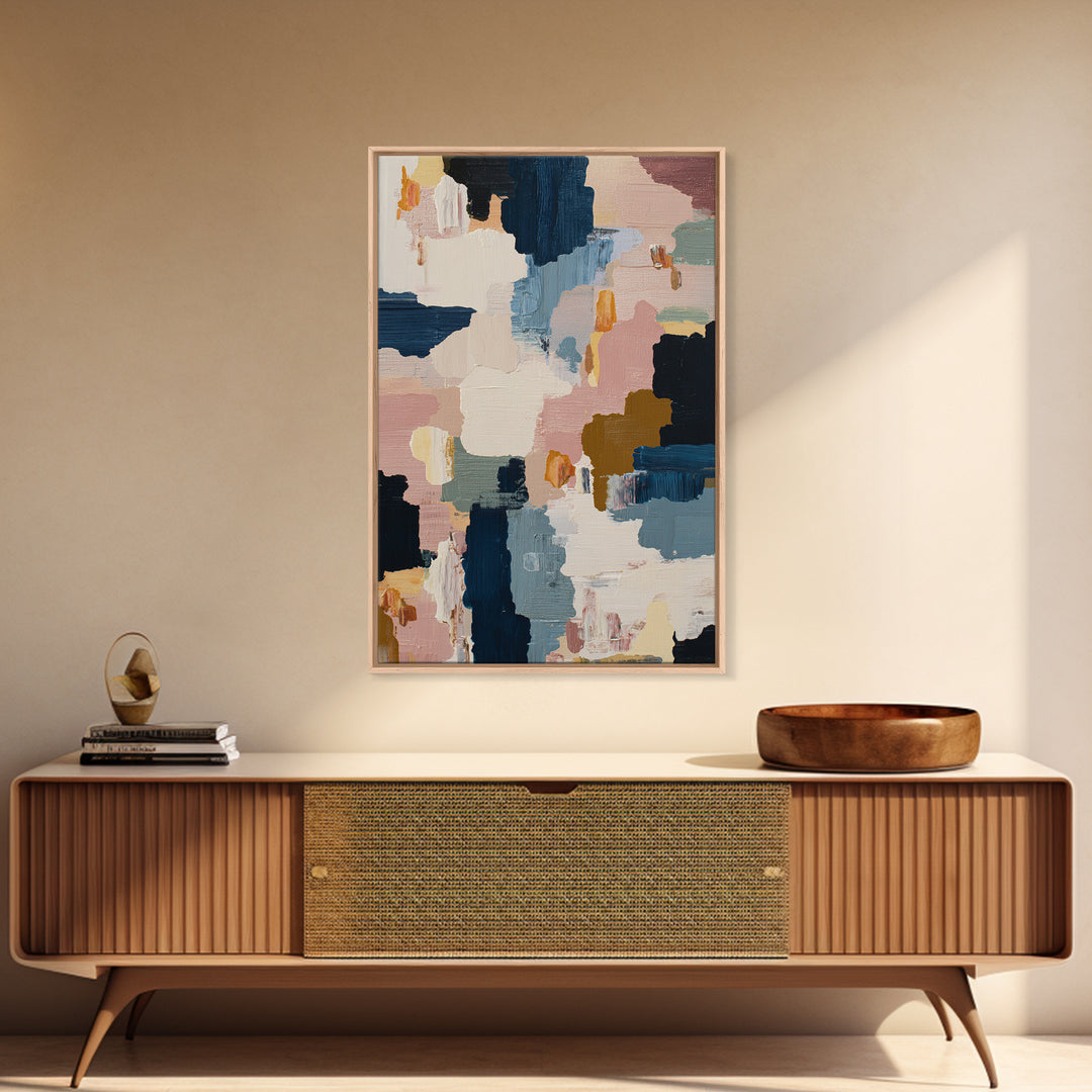 Bold Navy and Ivory Abstract Brushwork Framed Canvas Print, Above Sofa Art, Living Room Decor, Abstract Art, Statement, ASA-2x3-74