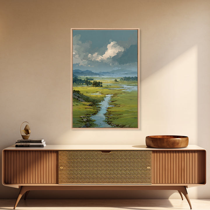 Wide Olive and Beige Meadow Panorama Framed Canvas Print, Above Sofa Art, Living Room Decor, Oil Painting, Statement, ASA-2x3-90