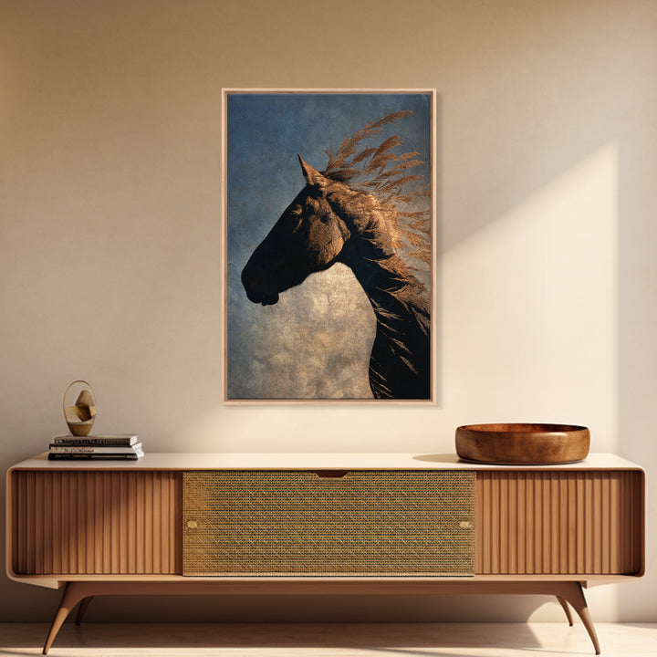 Statement Horse Silhouette Framed Canvas Print, Above Sofa Art, Mid Century Modern, Living Room Decor, Fine Art, Statement, ASA-2x3-93