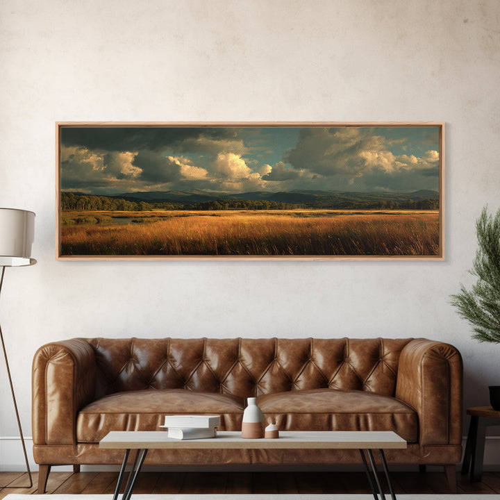 Wide Olive and Beige Meadow Panorama Framed Canvas Print, Above Sofa Art, Wall Art, Living Room Decor, Fine Art, Statement, ASA-3x1-2