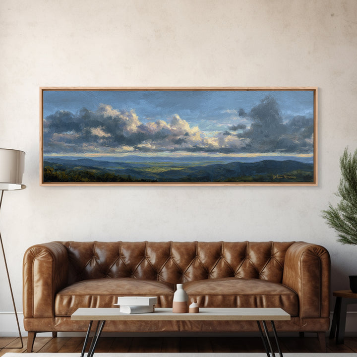 Dramatic Cloudscape over a Distant Valley Canvas Print, Above Sofa Art, Boho Wall Art, Living Room Decor, Watercolor Art, ASA-3x1-21