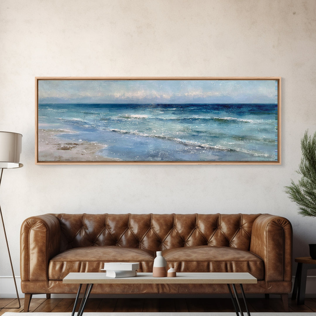 Moody Seascape at Twilight Framed Canvas Print, Above Sofa Art, Modern Art, Living Room Decor, Oil Painting, Statement, ASA-3x1-28