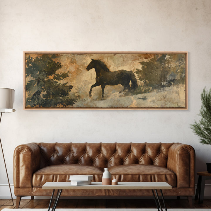 Statement Horse Silhouette Canvas Print, Above Sofa Art, Farmhouse Decor, Living Room Decor, Oil Painting, Statement, ASA-3x1-29