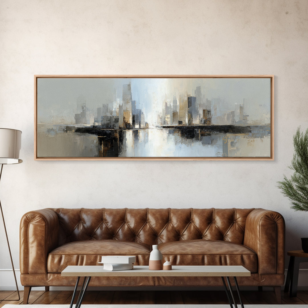 Quiet City Skyline Reduced to Elegant Shapes Canvas Print, Above Sofa Art, Mid Century Modern, Living Room Decor, Statement, ASA-3x1-38
