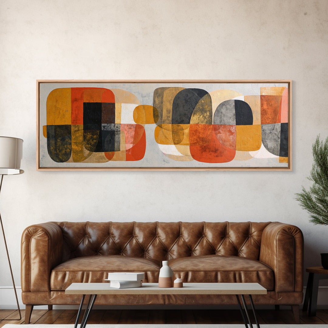Bold Mid Century Geometric Forms Framed Canvas Print, Above Sofa Art, Gallery Decor, Living Room Decor, Abstract Art, Statement, ASA-3x1-44