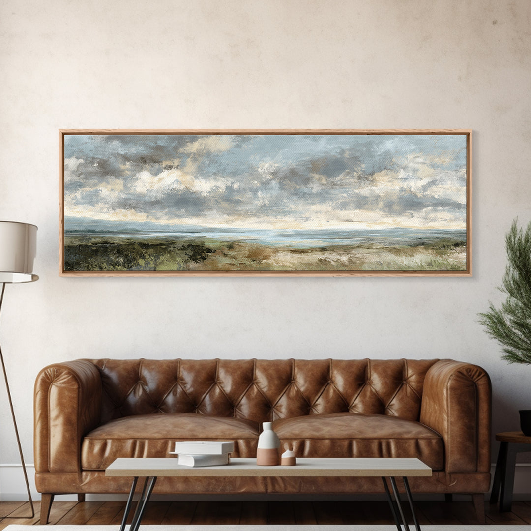 Dramatic Cloudscape over a Distant Valley Canvas Print, Above Sofa Art, Boho Wall Art, Living Room Decor, Watercolor Art, ASA-3x1-45