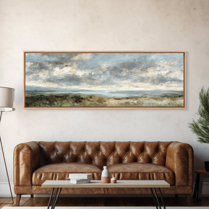Dramatic Cloudscape over a Distant Valley Canvas Print, Above Sofa Art, Boho Wall Art, Living Room Decor, Watercolor Art, ASA-3x1-45