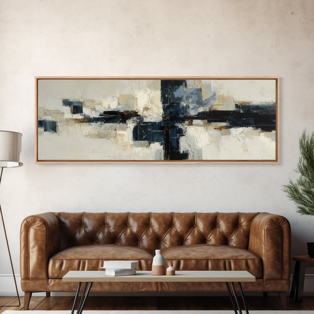 Bold Navy and Ivory Abstract Brushwork Framed Canvas Print, Above Sofa Art, Farmhouse Decor, Living Room Decor, Statement, ASA-3x1-58