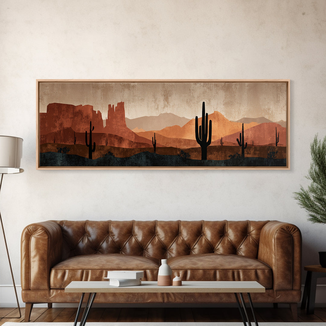 Desert Mesa Panorama Framed Canvas Print, Above Sofa Art, Fine Art Print, Living Room Decor, Oil Painting, Statement, ASA-3x1-60