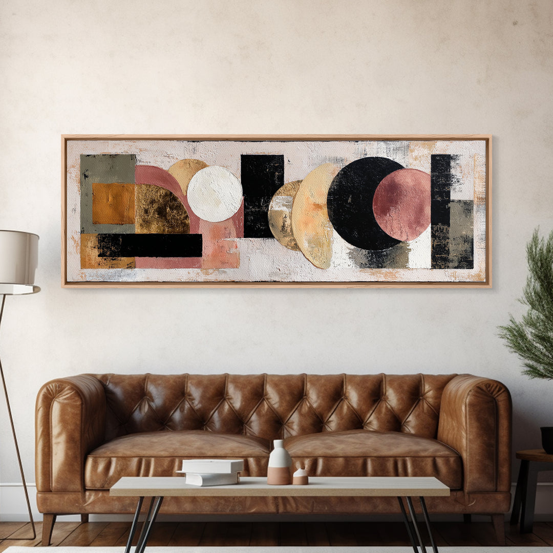 Bold Mid Century Geometric Forms Framed Canvas Print, Above Sofa Art, Living Room Decor, Abstract Art, Statement, ASA-3x1-68